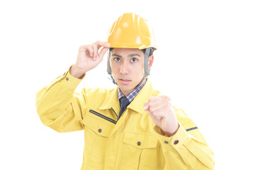 ガッツポーズの労働者