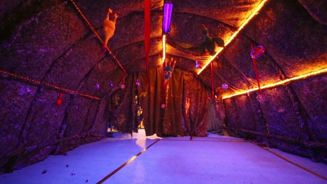 Scary dark decorations of dungeon to the fairy tale in theatre