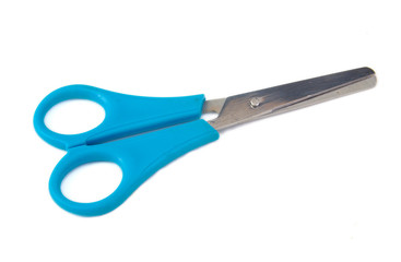 Closed blue scissors for kids on a white background