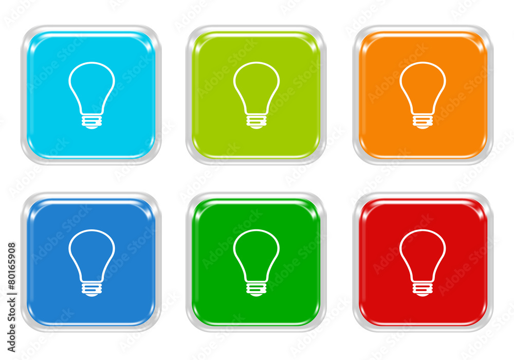 Wall mural set of squared colorful buttons with bulb symbol