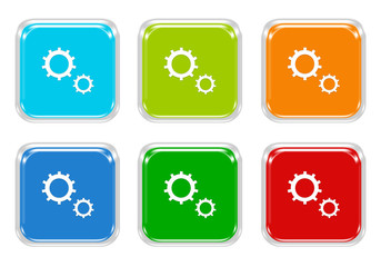 Set of squared colorful buttons with gears symbol