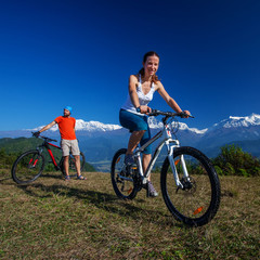 Fototapeta na wymiar Biker family in Himalaya mountains, Anapurna region