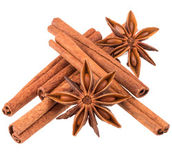 cinnamon stick and star anise spice isolated on white background