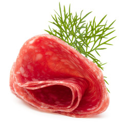 Fototapeta premium Salami sausage slices isolated on white background cutout