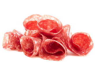 Salami sausage slices isolated on white background cutout