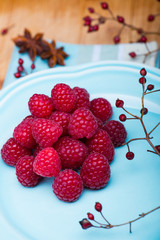 Raspberry on blue plate
