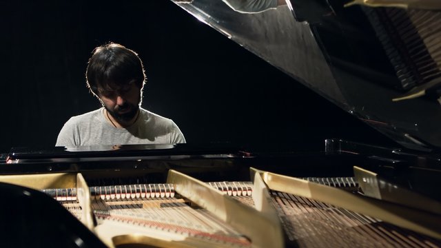 Making music. Profile of a handsome men playing piano