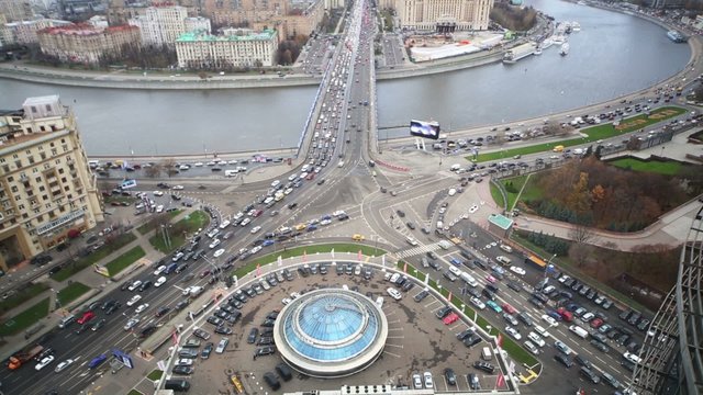 Top view of Moscow on Novoarbatsky bridge and hotel