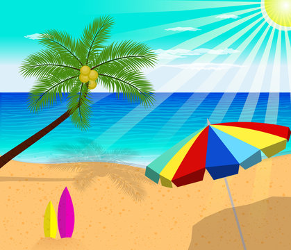 Tropical beach with Palm Trees  and umbrella