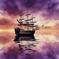 Abwaschbare Fototapete Foto des Tages Segelboot gegen wunderschöne Sonnenuntergangslandschaft