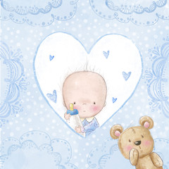Baby shower greeting card.Baby boy with teddy