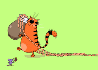 Cat Caring Sausages and Mouse with Flowers