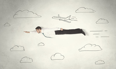 Cheerful business person flying between hand drawn sky clouds
