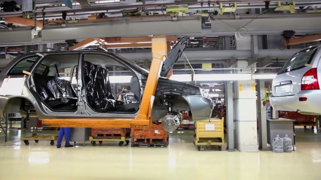 Lada Kalina hang at assembly conveyer of factory VAZ