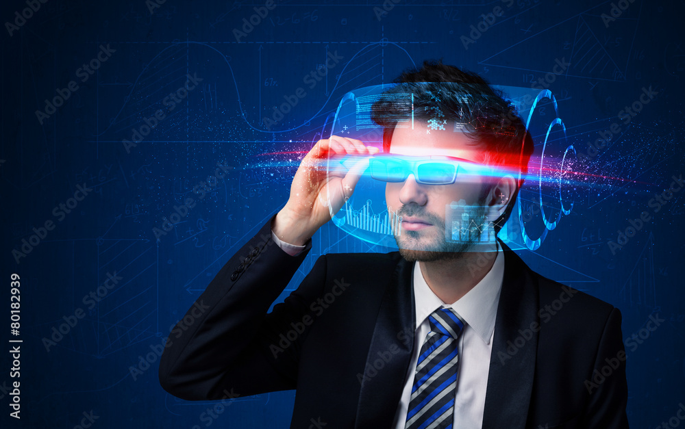 Poster man with future high tech smart glasses