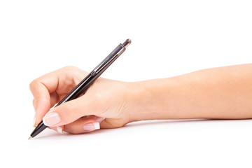 a pencil in a hand is isolated on a white background