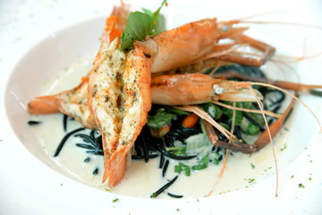 black pasta spaghetti with seafood