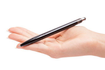 a pencil in a hand is isolated on a white background