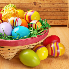 Fototapeta na wymiar Colorful Easter eggs in a basket
