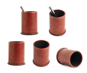 Red leather pen holder cylinder
