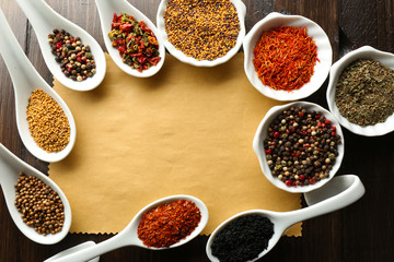 Different kinds of spices in bowls and spoons
