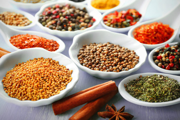 Different kinds of spices in ceramics spoons, close-up,