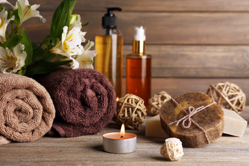 Beautiful spa composition with soap and candle