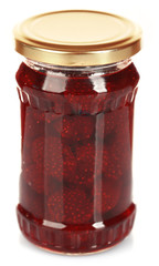 Jar of strawberry jam isolated on white