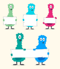 A Cute Set of Colorful Furry Monsters Holding Blank White Signs