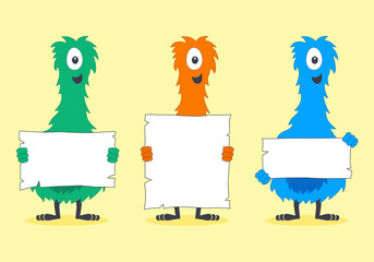 Cute Colorful Furry Creatures Holding Blank White Signs