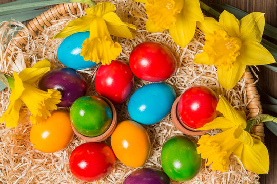 Easter nest with eggs and flowers