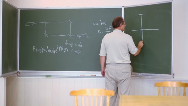 Professor writes scheme on board with formulas appurtenant to lasers