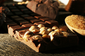 Still life with set of chocolate, nuts and spices