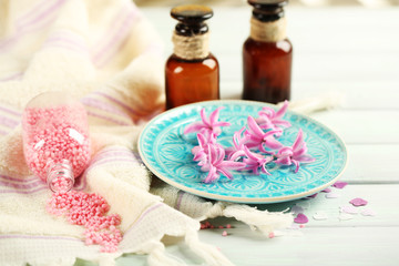 Beautiful spa composition with hyacinth flowers, close up