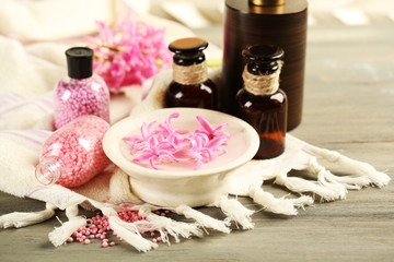 Beautiful spa composition with hyacinth flowers, close up