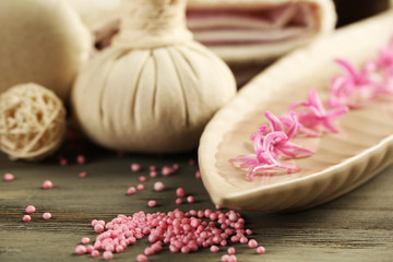 Beautiful spa composition with hyacinth flowers, close up