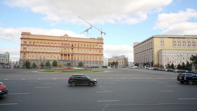 Car traffic in center of Moscow at Lubyanka square 