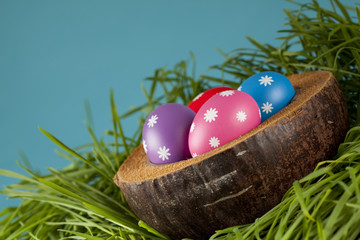 Colored Easter eggs in grass