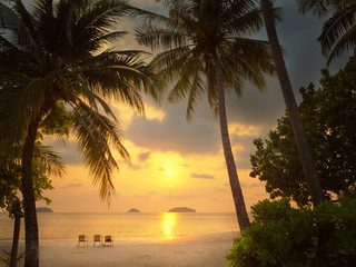 Sunset over the beautiful tropical beach with palms