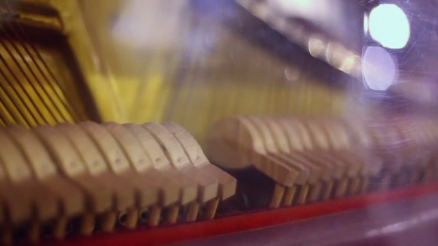 Many small hummers beat piano strings behind glass, closeup