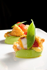 Fine dining, Fried Octopus on basil mousse and strawberries