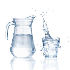 Fresh water glass with splash and bottle isolated - 80193970