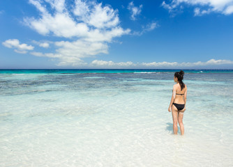 Fototapeta na wymiar Bikini girl standing in clear tropical water