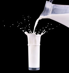 Milk pouring from jug bottle into glass with splash