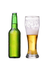 Isolated bottle and glass with light beer