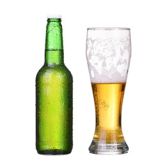 Isolated bottle and glass with light beer