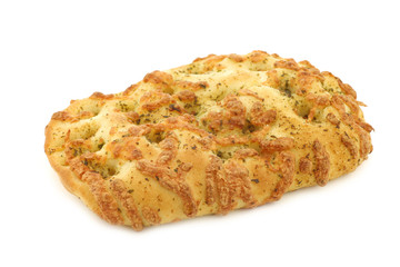 freshly baked focaccia bread on a white background