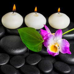 Obraz na płótnie Canvas spa background of row white candles, orchid flower dendrobium an