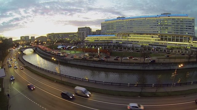 Traffic on quay near edifice of MGTU named by Bauman at autumn