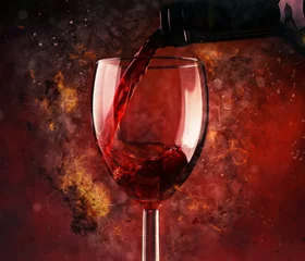 Fotobehang Rode wijn gieten en vuur achtergrond © Andrew